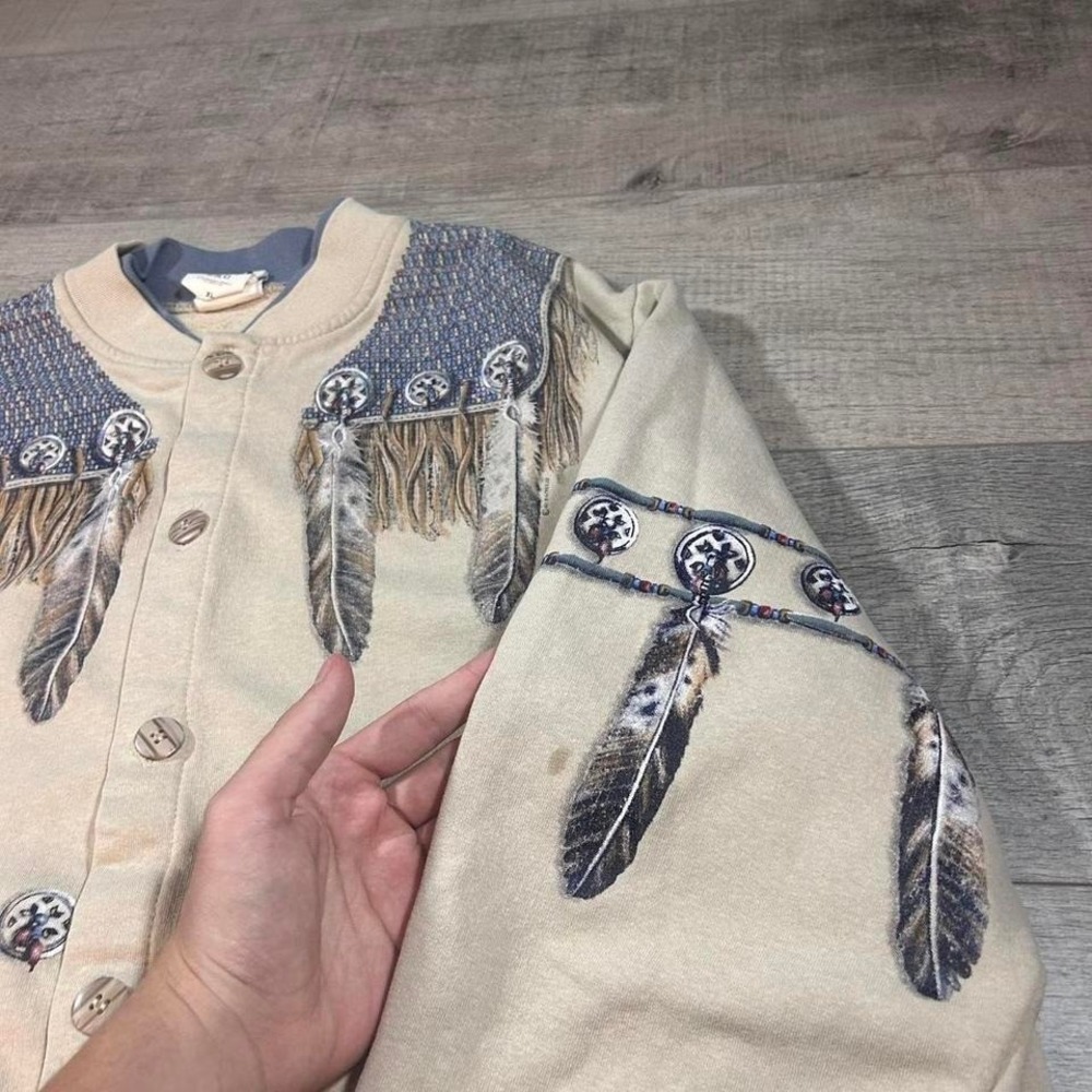 Vintage 90s tribal tan and blue western button up women's cardigan sweatshirt - Picture 4 of 7